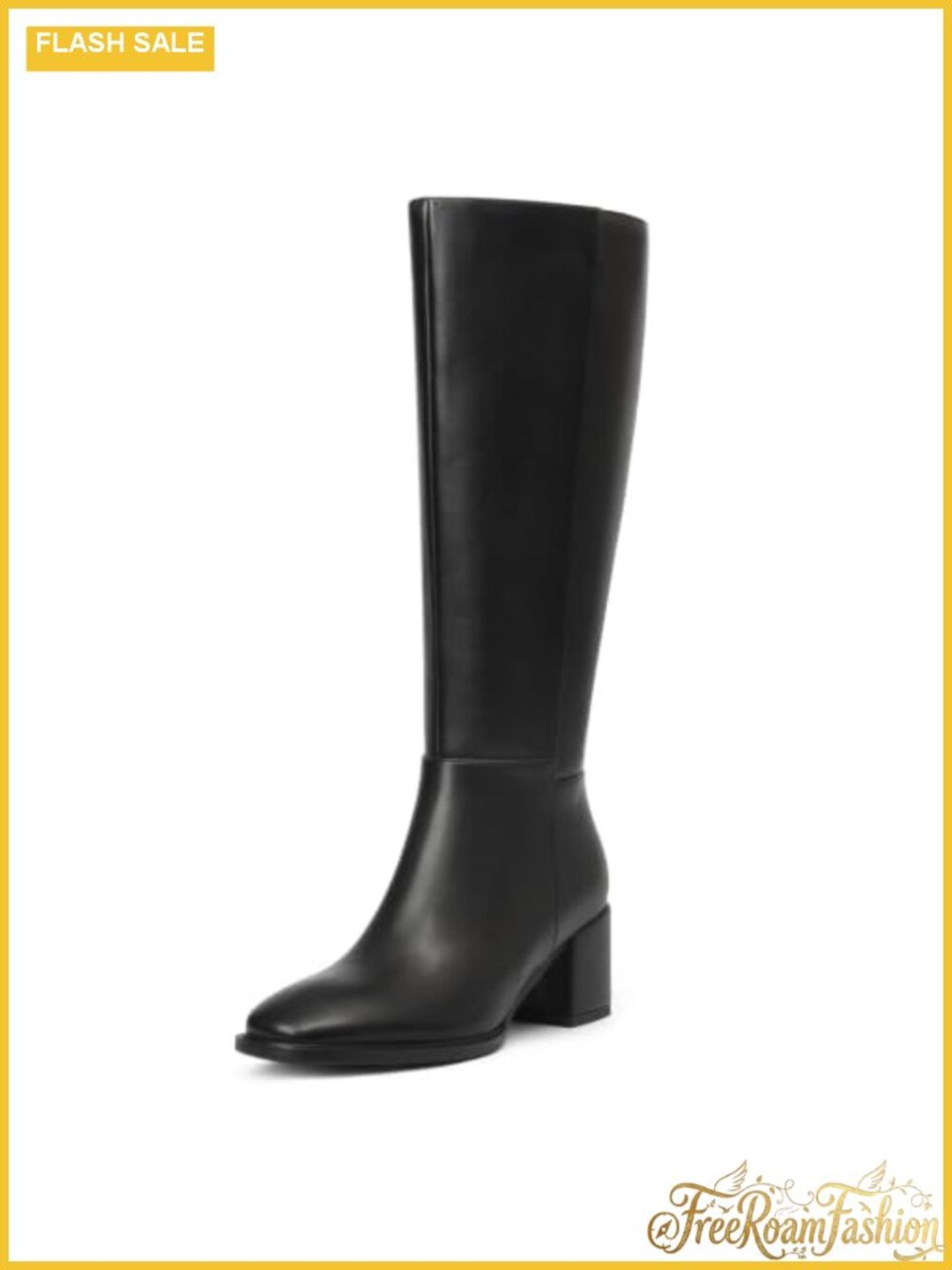 Faux Leather Knee High Boots Women Low Block Heel Round Toe Side Zipper